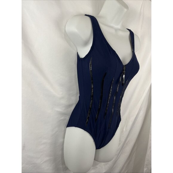 Karla Colletto Navy Blue & Black One Piece Zip Bathing Suit Women's Size 6 - Picture 3 of 9